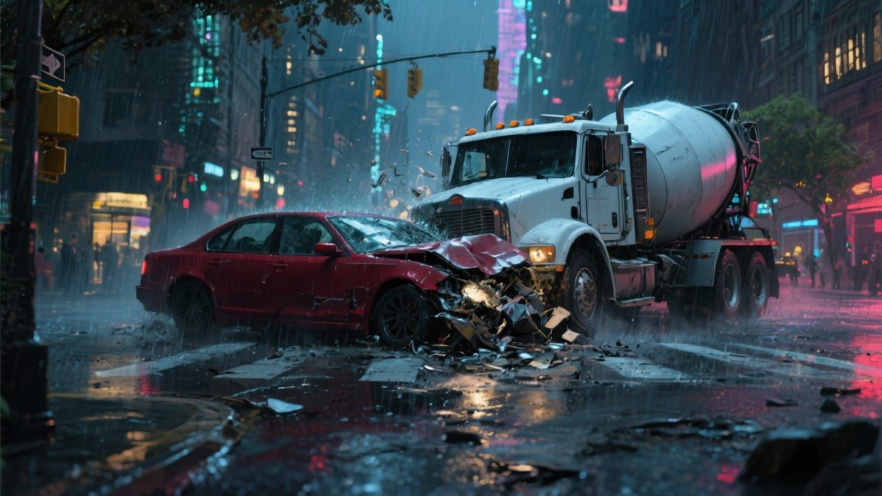 Car Crash on Rainy Street in Unreal Engine Style