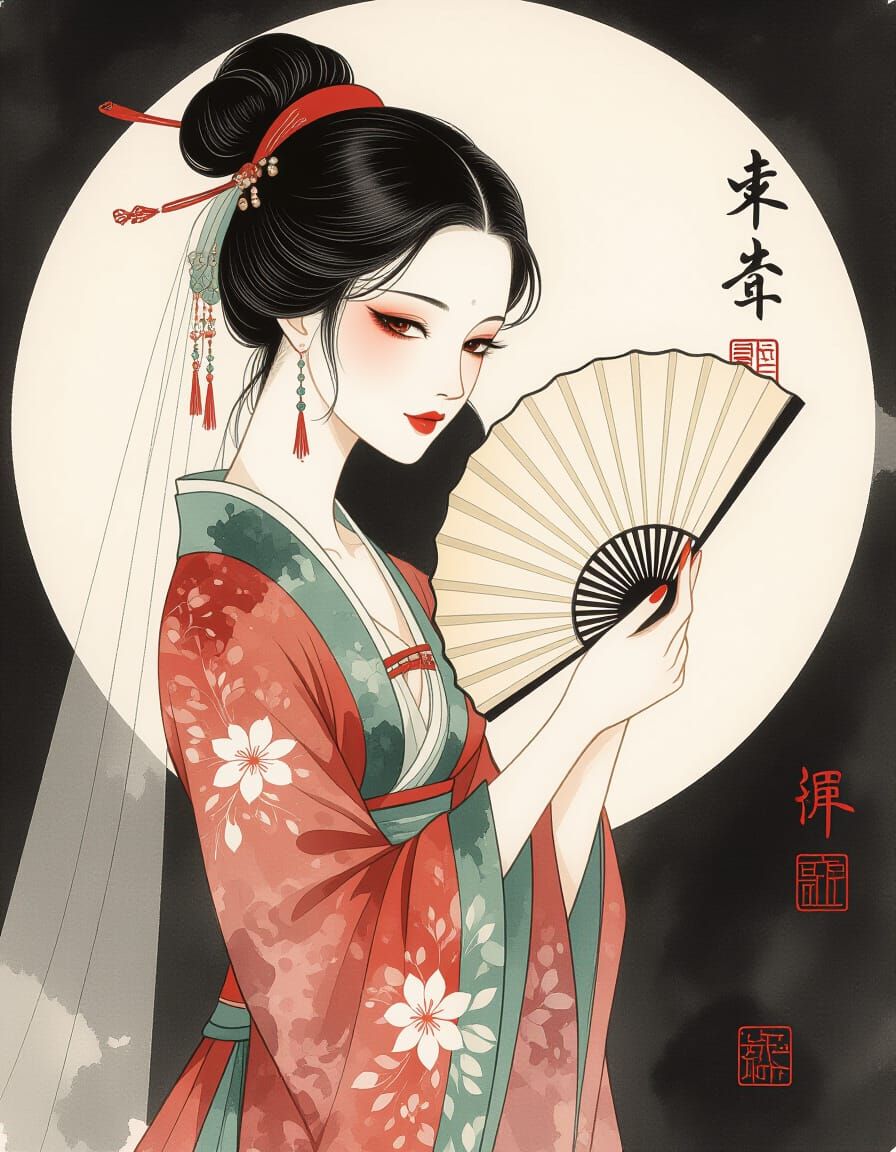 Elegant Lady in Chinese Ink Style with Pointy Ears