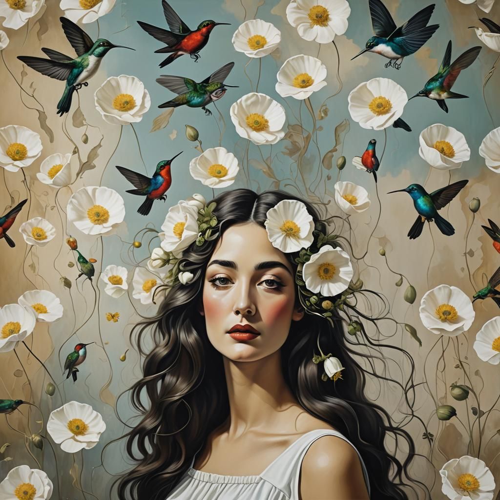 Surrealist Wallpaper with Poppies, Hummingbirds, and Woman