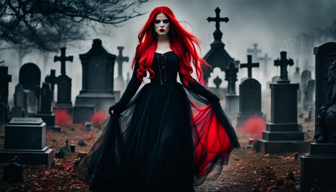 Terrifying Gothic Woman in Misty Cemetery