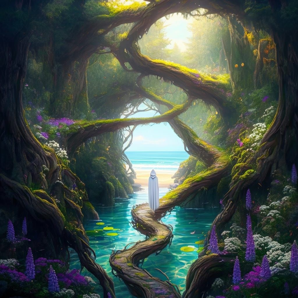 Whimsical Forest Figure in Dreamlike Landscape