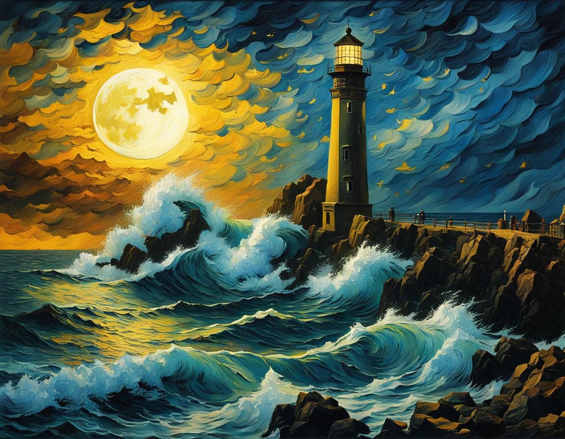 Gothic Lighthouse at Starry Night, Expressionist Oil Paintin...