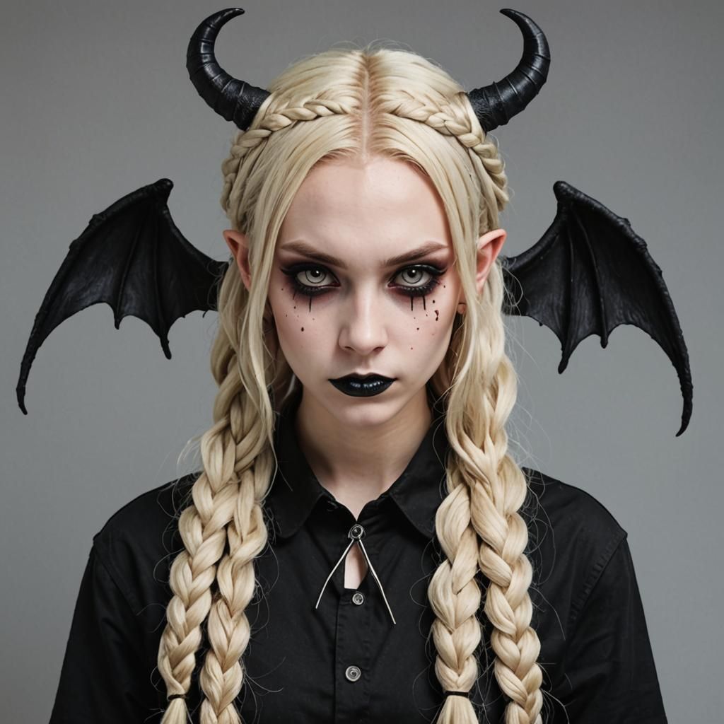 Monochrome Emo Punk Demon with Braids and Wings