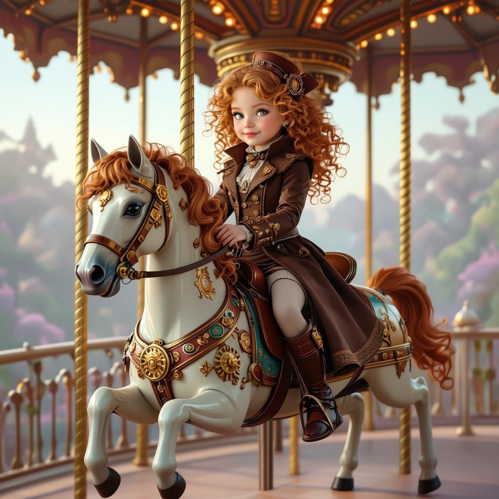 Steampunk Girl Rides Lavender Carousel Horse