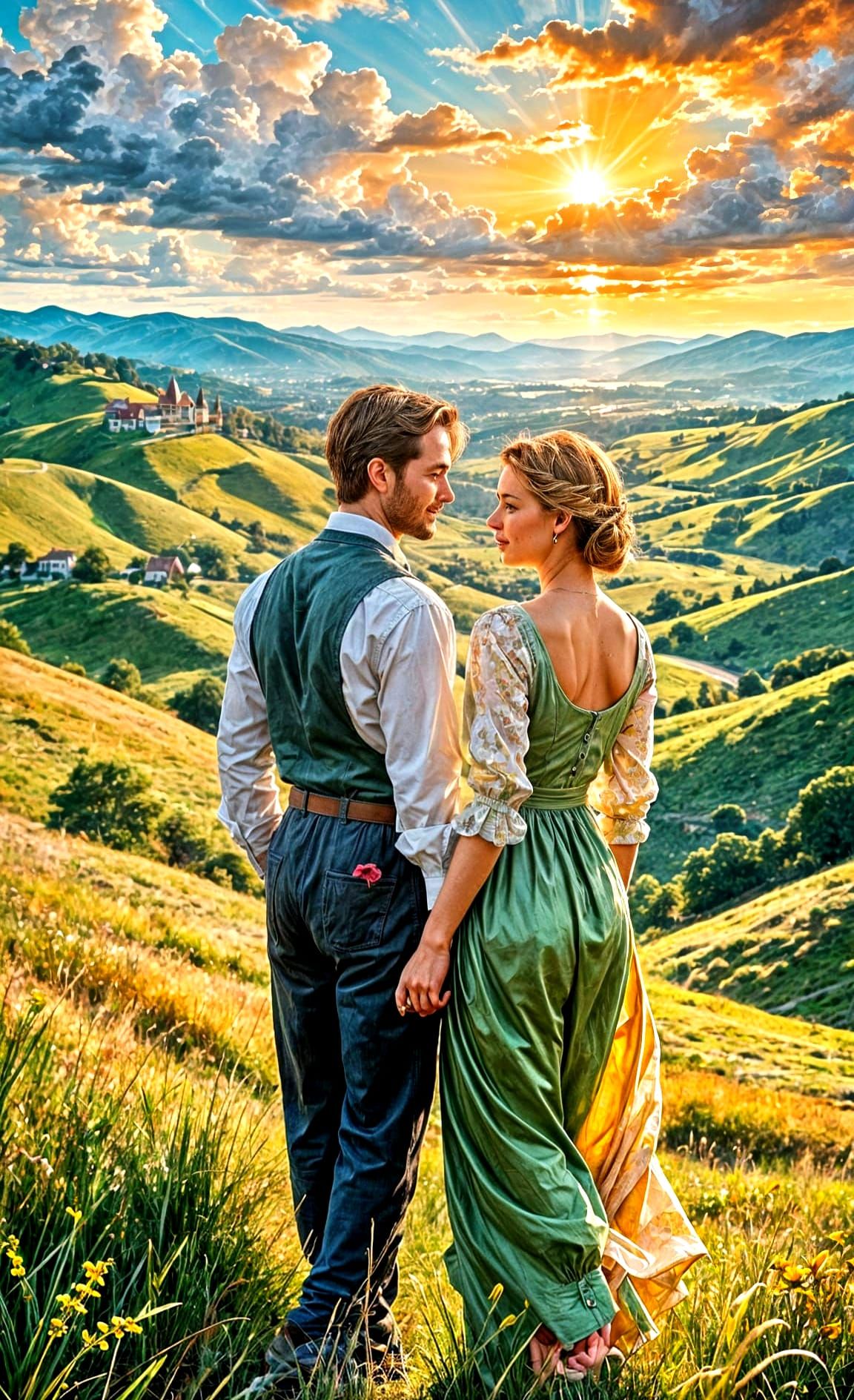 Couple Holding Hands in Sunny, Detailed Scene