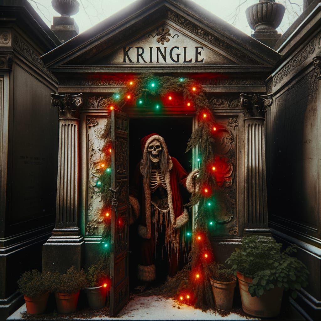 Skeletal Santa Emerges From Decorated Mausoleum