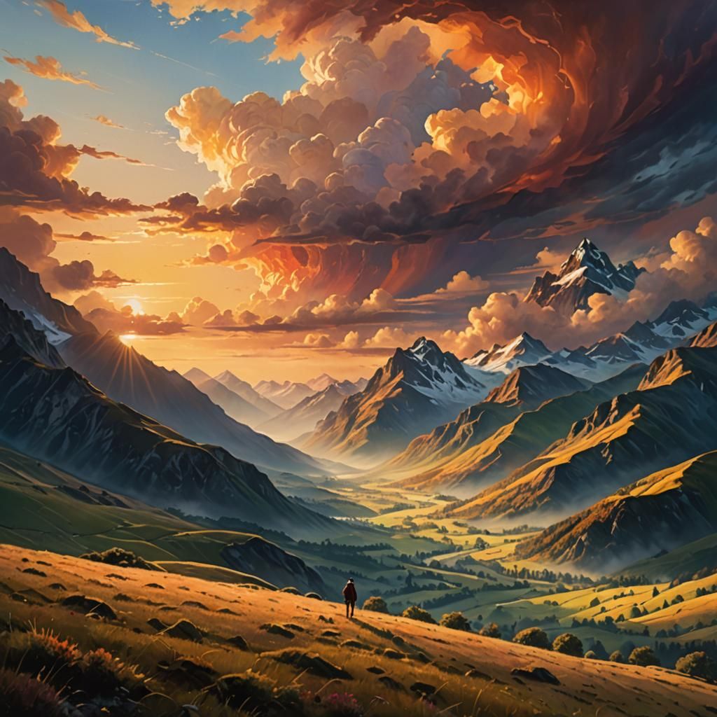 Majestic Landscape with Lone Figure: Oil Painting