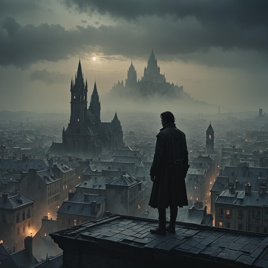 Gothic Hybrid Cityscape at Dawn in Urban Fantasy Style