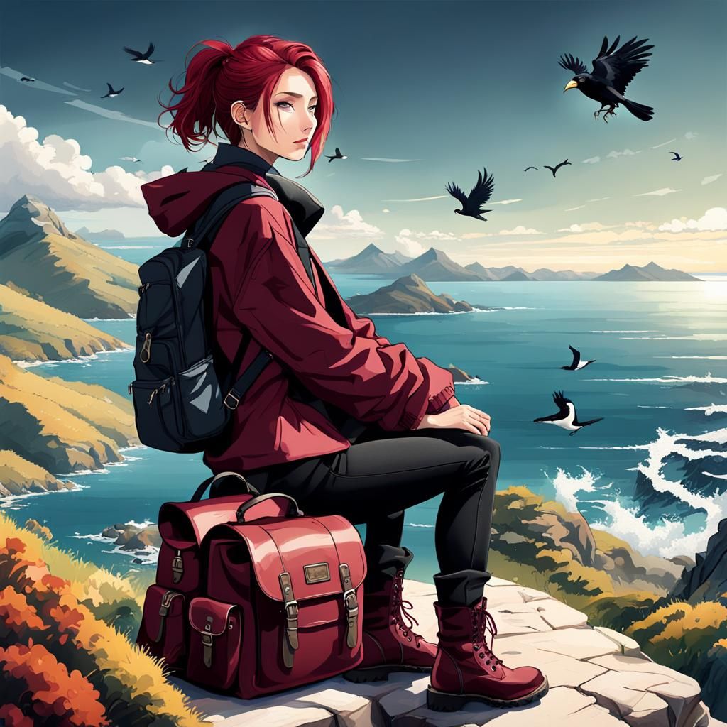 Anime Girl Overlooking Ocean from Mountain Top