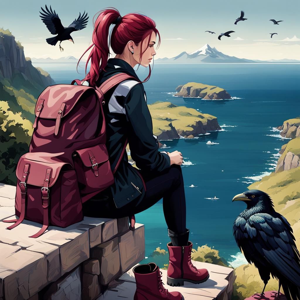 Anime Girl on Mountain Top Overlooking Ocean