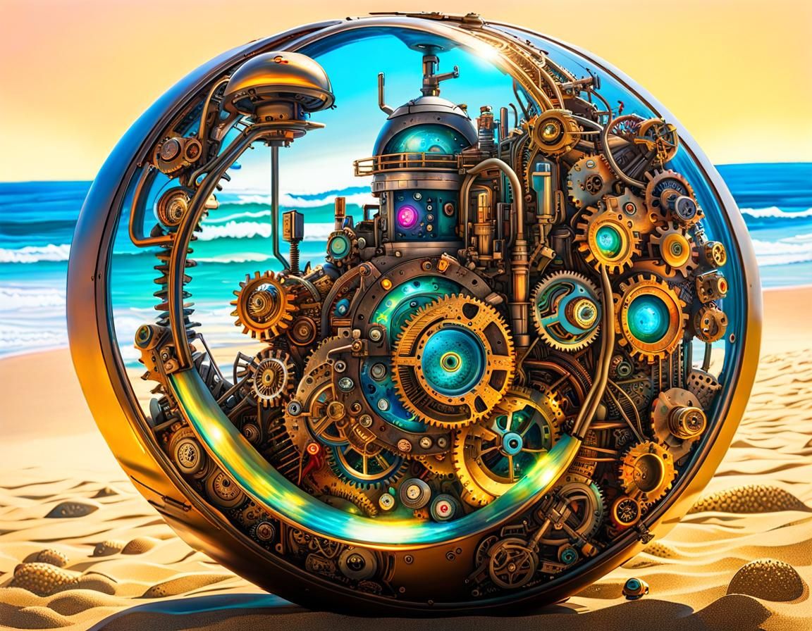 Steampunk Cyborg Beach Scene in Graffiti Art Style