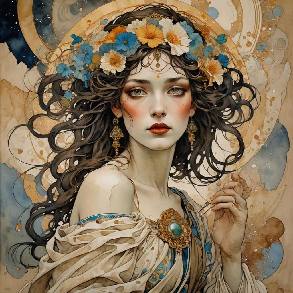 French Goddess in Stormy Desert, Art Deco Style