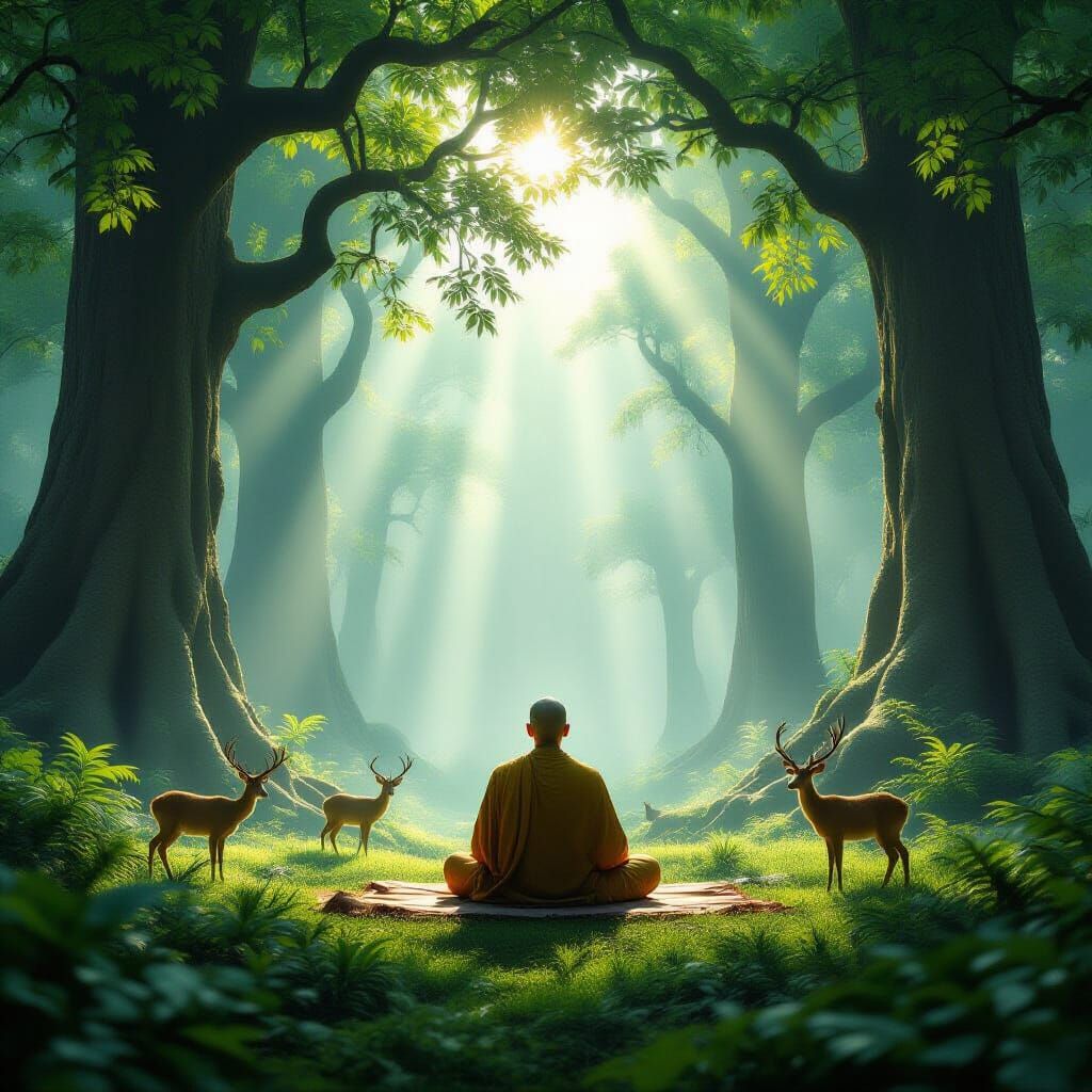 Serene Monk Meditating in Ancient Forest, Soft Sunlight