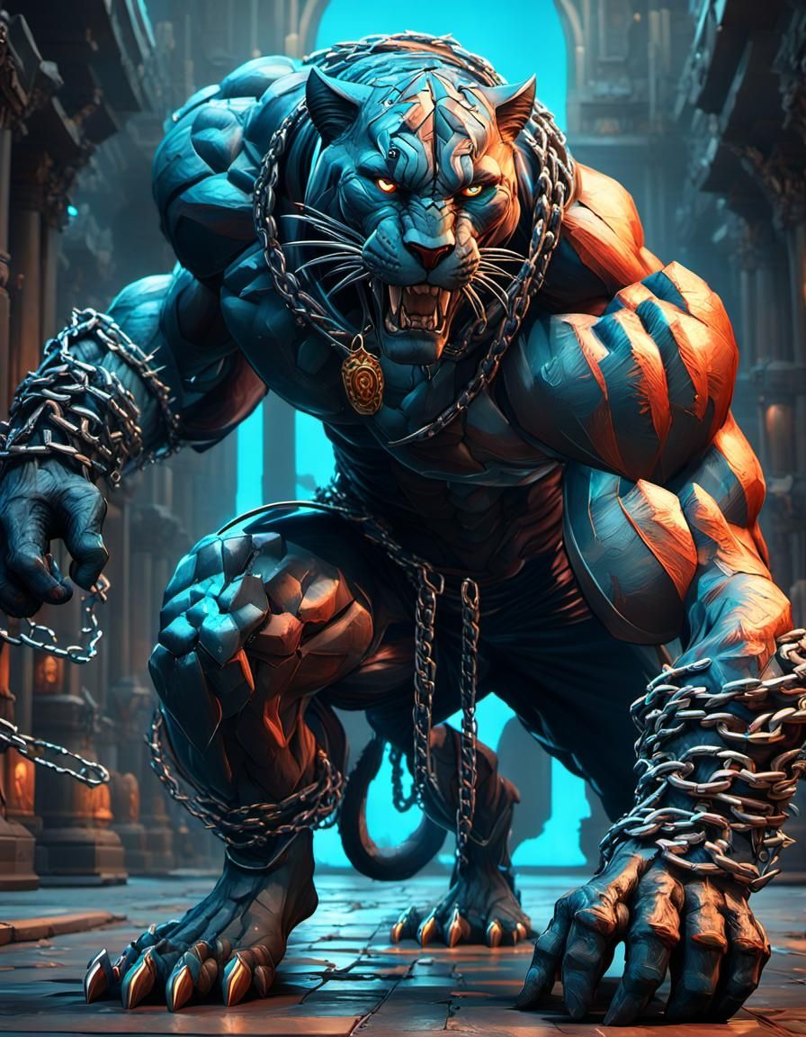 anthropomorphic panther man with massive muscular muscle ,8k resolution concept art with chains,spikes and huge claws