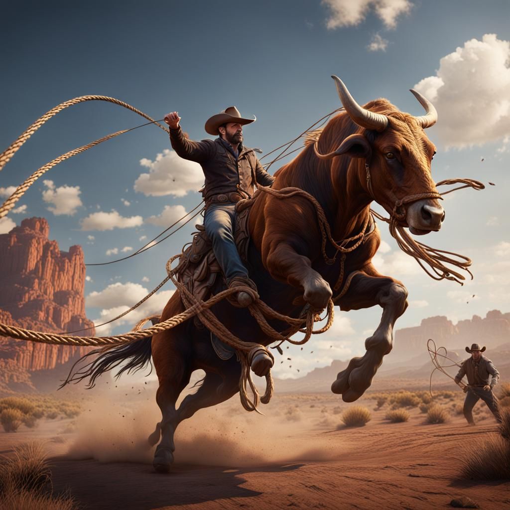 Cowboy Lassoing Bull in Detailed Matte Painting