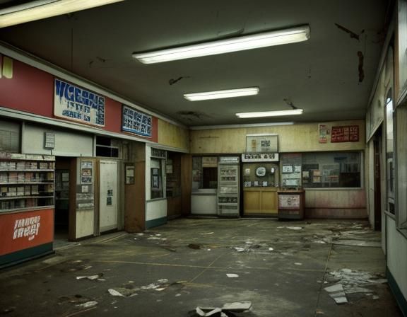 Fluorescent lights at a run-down convenience store