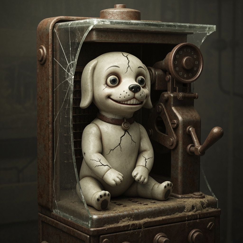 Creepy Porcelain Dog Doll in Antique Nail Machine