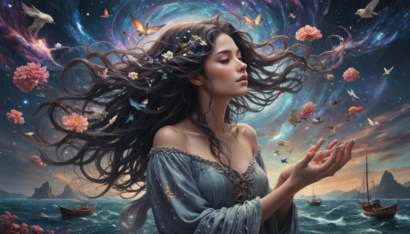 Woman Holds Galaxy in Surreal Fairytale Scene