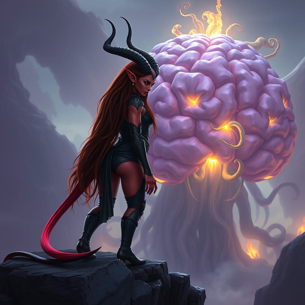 Dark Fantasy Demoness Confronts a Giant Brain