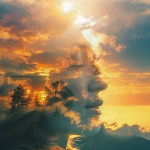 Double exposure, a sleeping nymph dreaming of wolf shifters. heavenly sunshine beams divine bright soft focus holy in th...