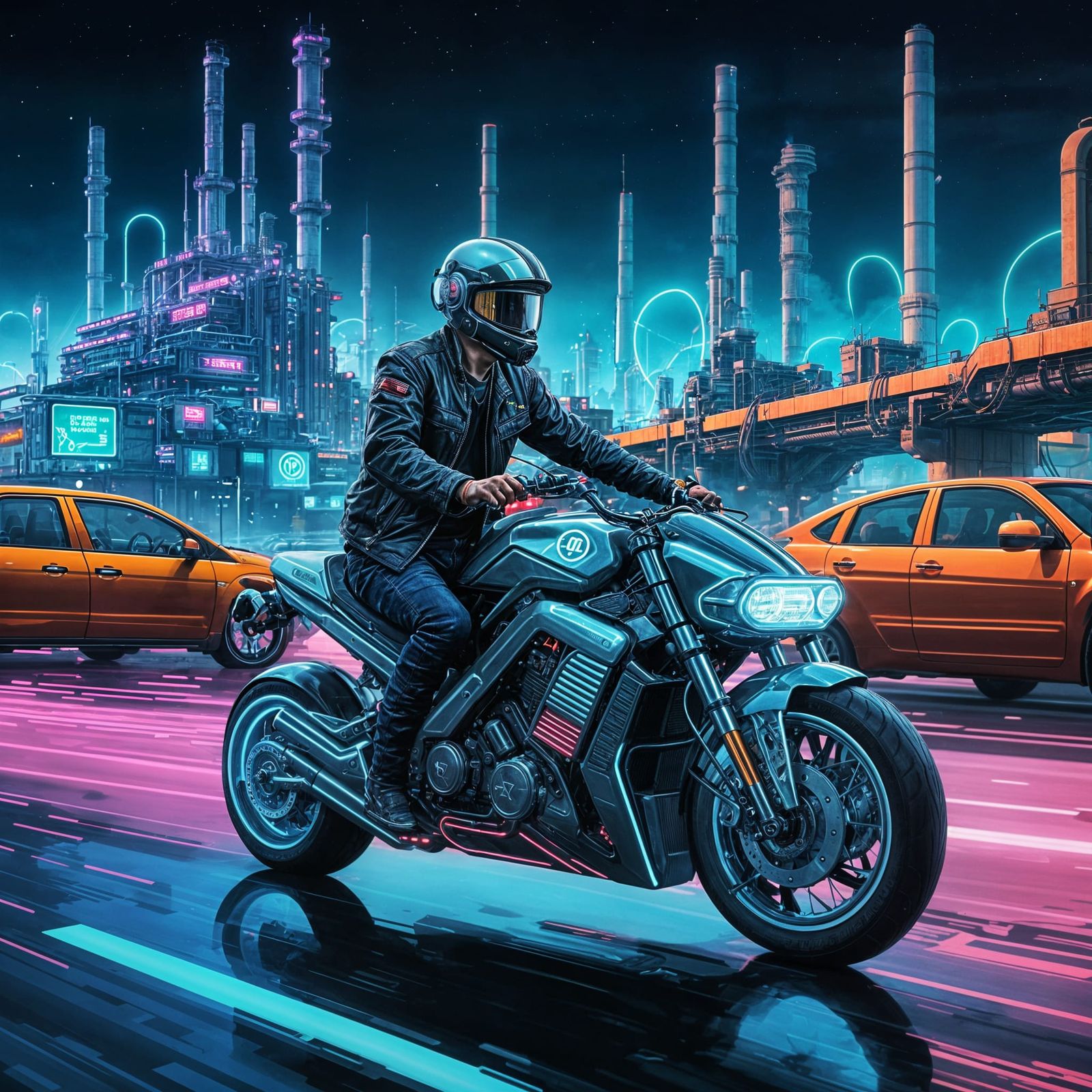 Cyberpunk Rider on a Futuristic Highway