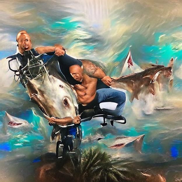 Dwayne Johnson Rides Shark: Hyperrealistic Oil Painting