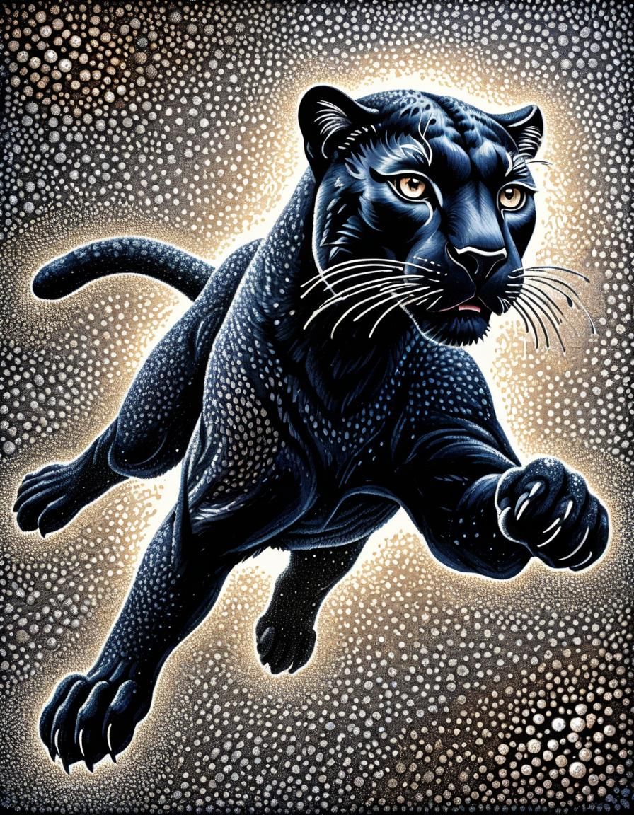 Leaping Panther in Virtual Pointillist Style
