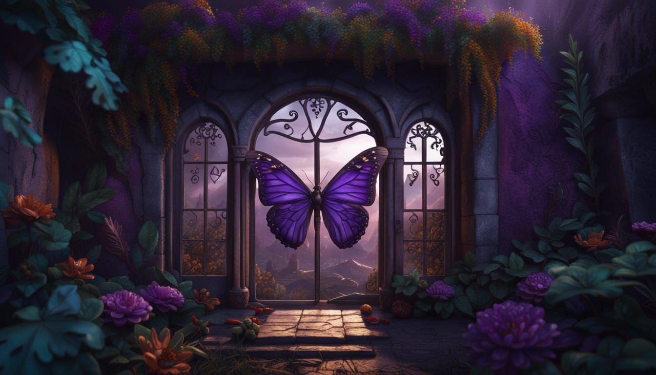 Purple Butterfly on Window, Detailed Matte Painting