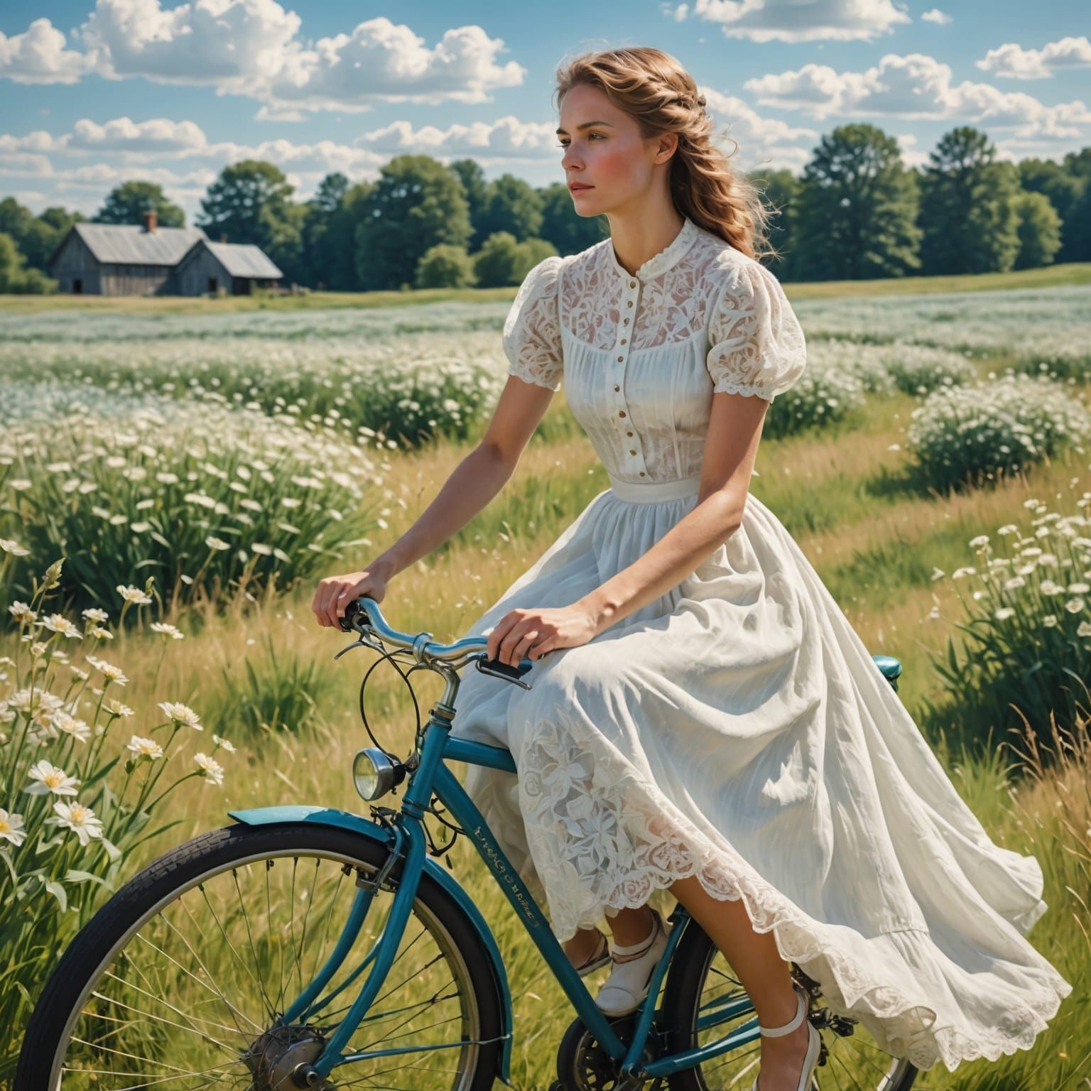 Woman in White Dress on Bicycle, Impressionist Style
