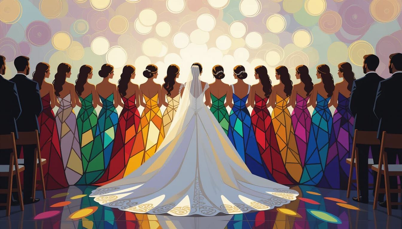 a bride in white and a row of bridesmaids in stained glass p...