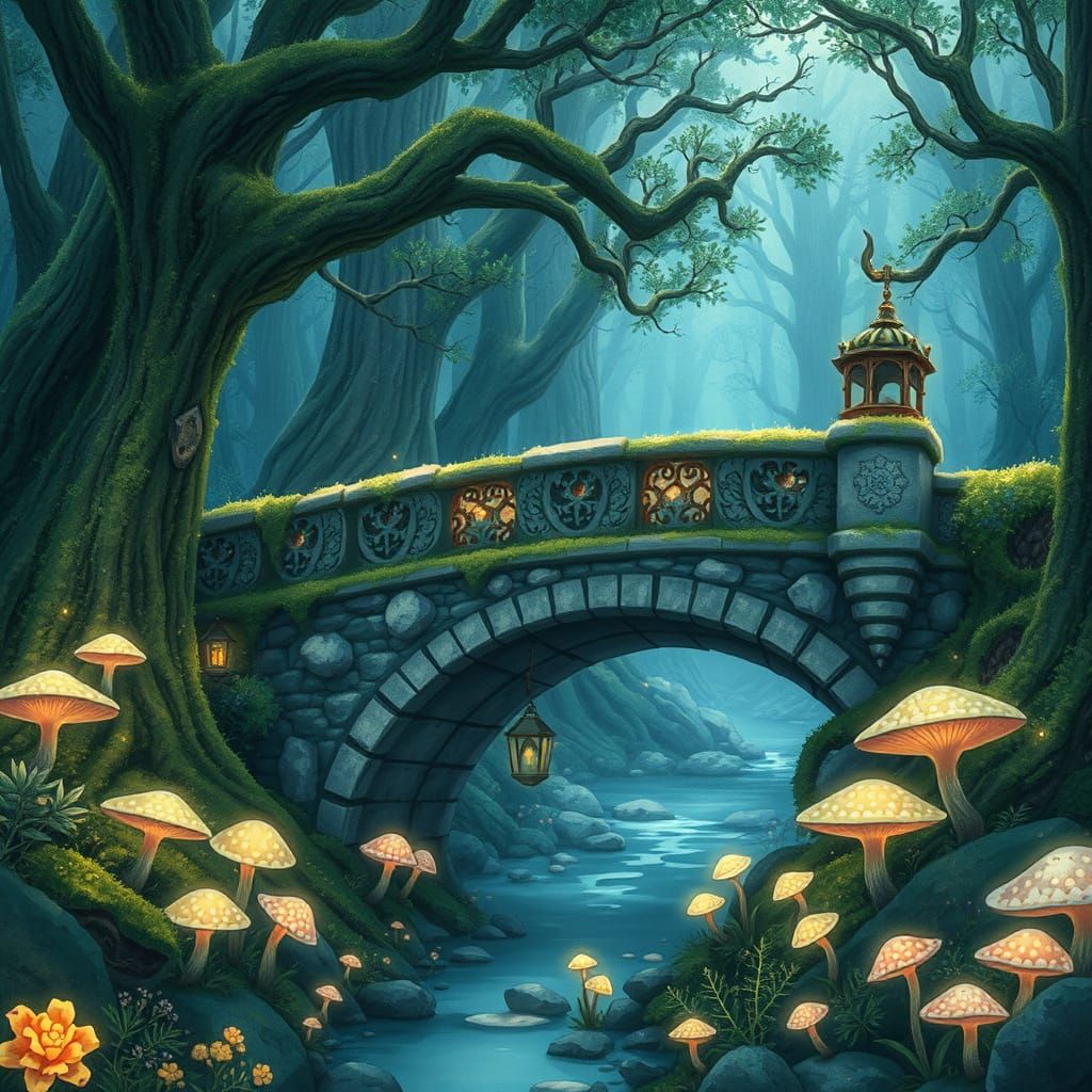 Mystical Forest Bridge in Whimsical Watercolor