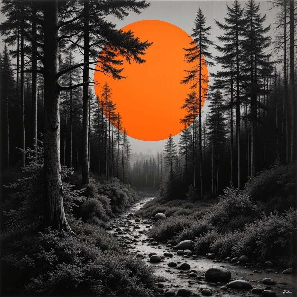 Monochrome Forest with Orange Sun in Film Photography Style