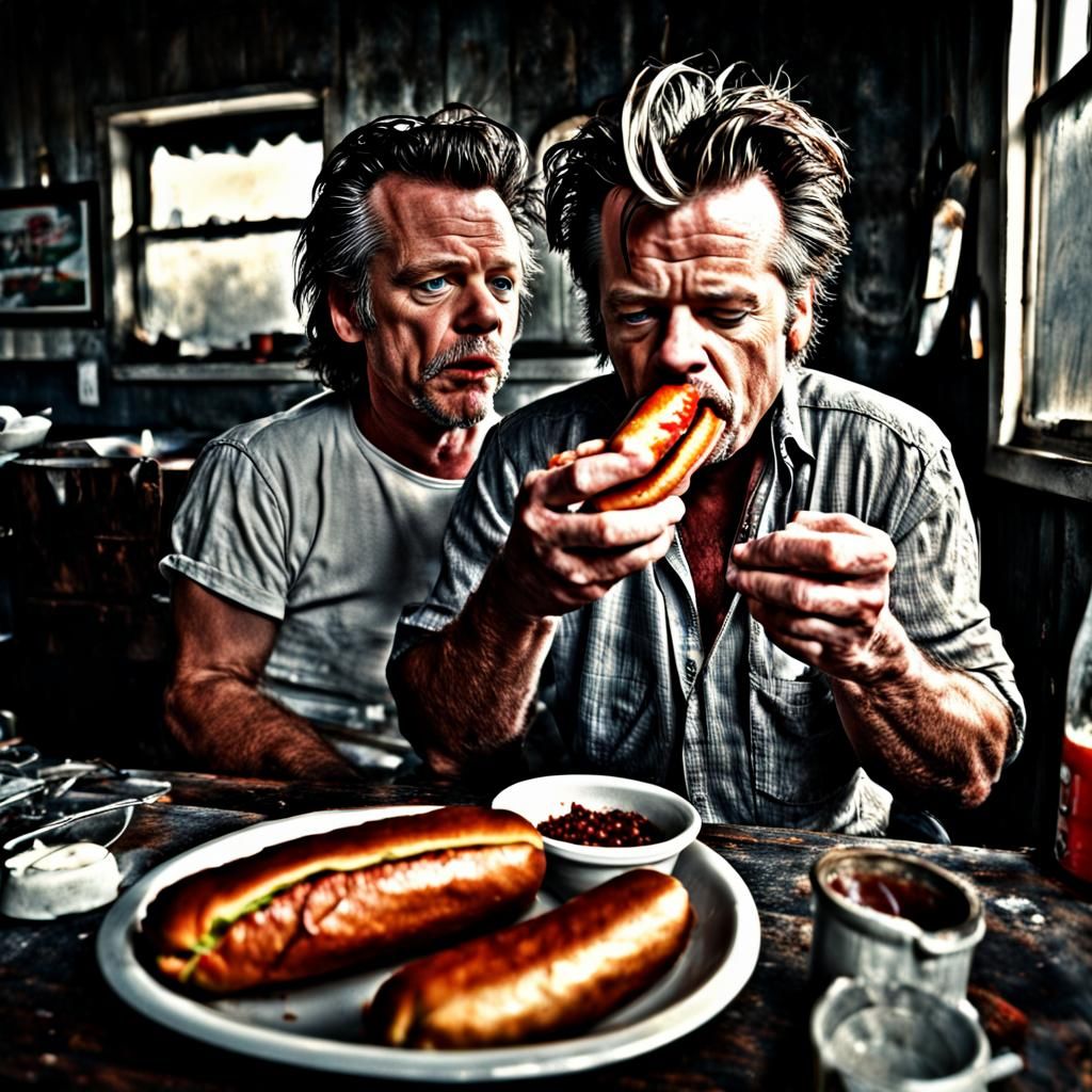 Hyperrealistic Man Eating a Chili Hot Dog
