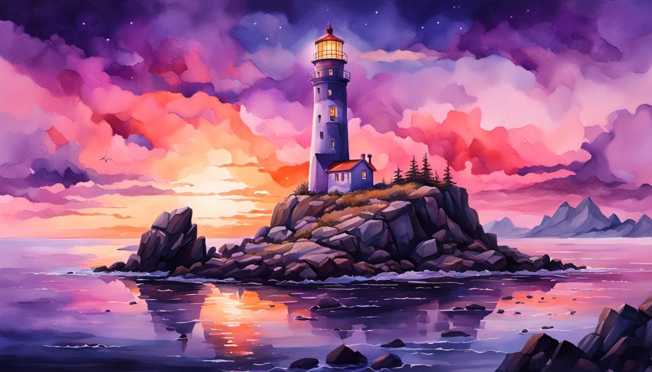 Hyperrealistic Watercolor Lighthouse at Dusk