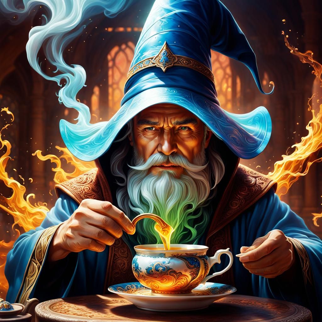 Wizard Reincarnation in Tea: Hyperrealistic Splash Art