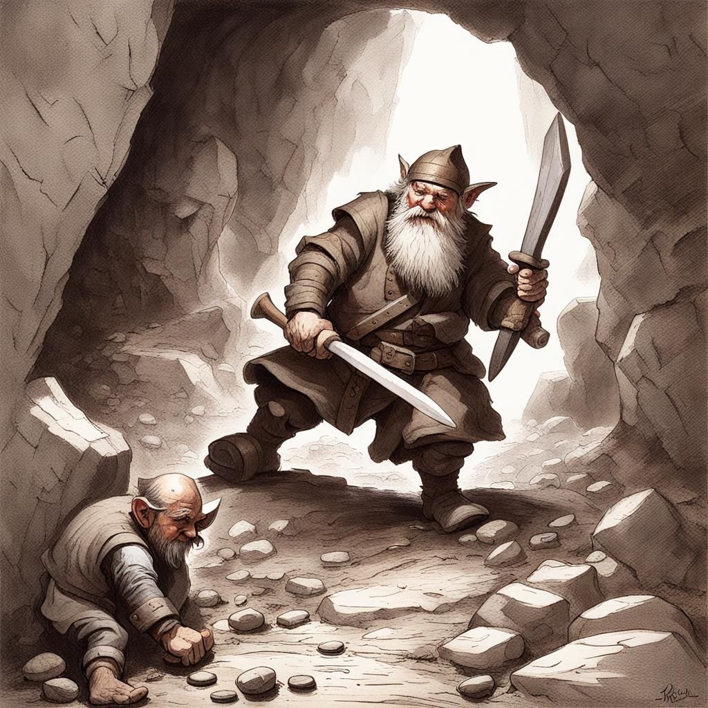 Dwarf Miner and Goblin Fight, in Whimsical Style