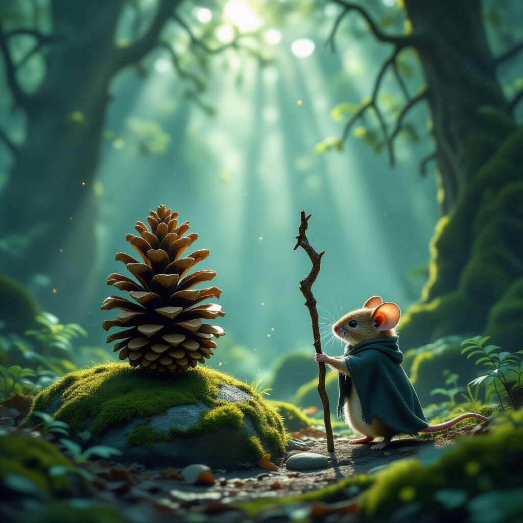 Gnarled Pine Cone on Mossy Stone in Ethereal Forest Light