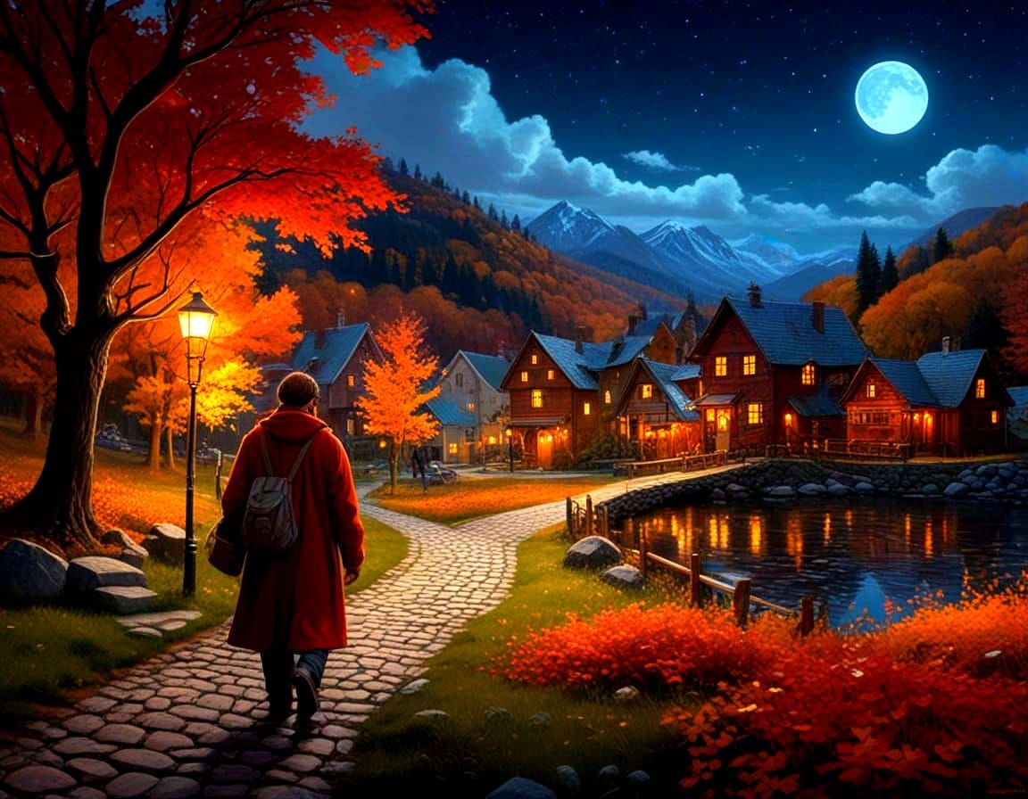 Cozy Traveler Approaches Quaint Village at Night
