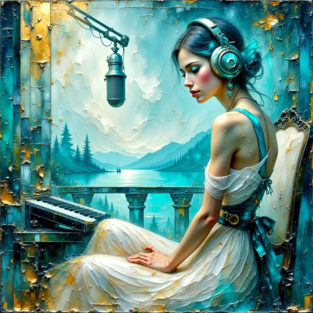 Recording Studio Overlooking Frosty Lake in Impasto Style