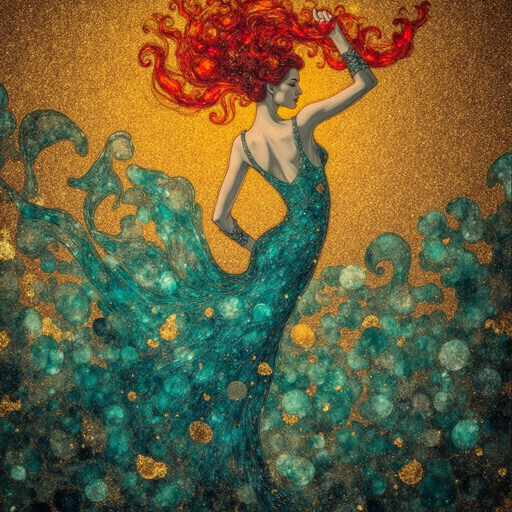 Ocean Goddess in Gold, Teal, and Crimson Hues