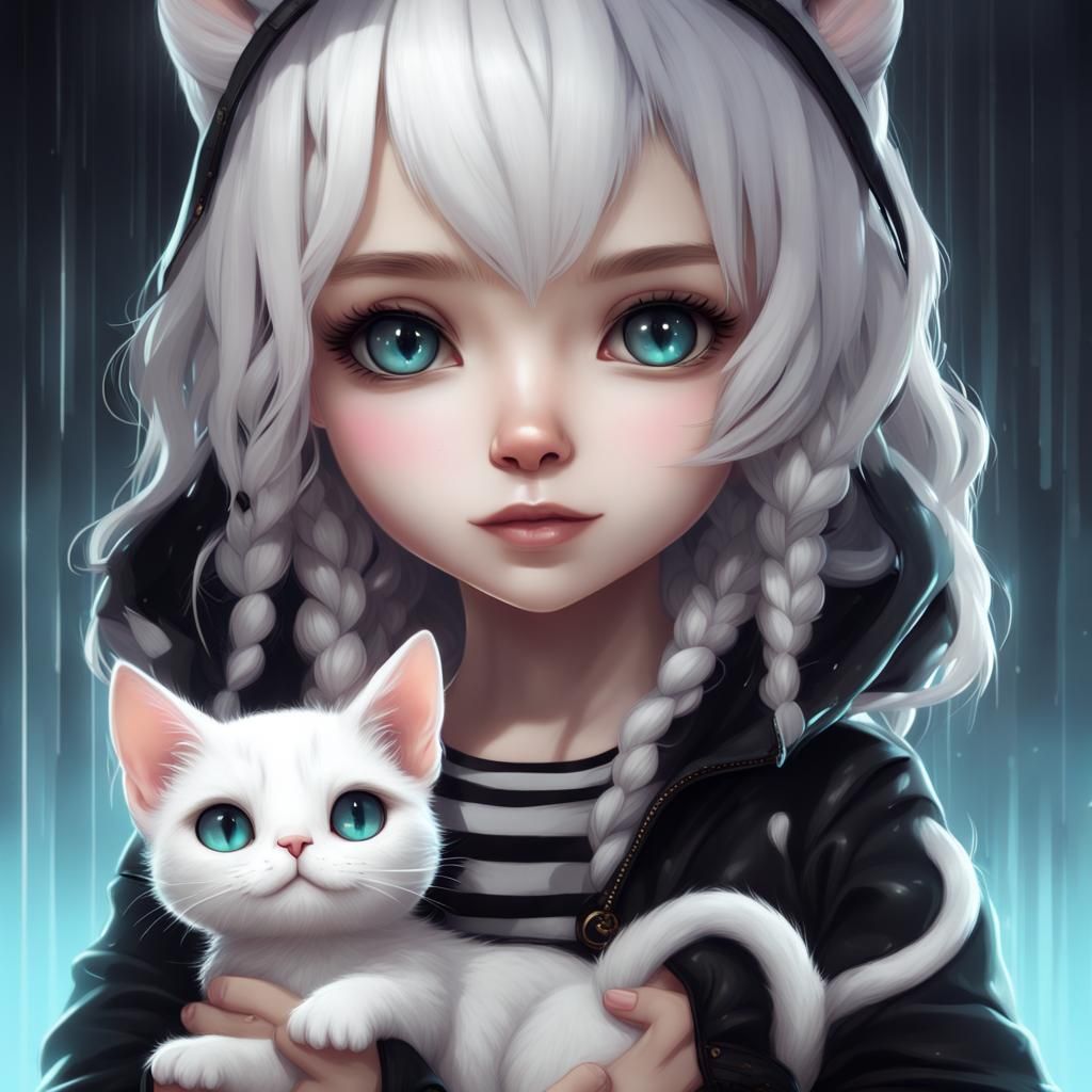 Cute Chibi Cat-Girl Hybrid in Detailed Digital Painting