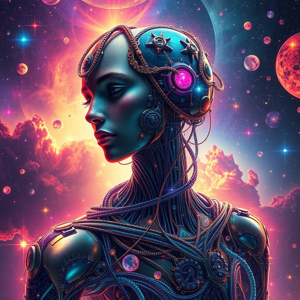 Cybernetic Human Amidst Nebula in Cyberpunk Style