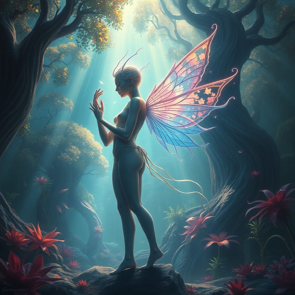 Ethereal Humanoid Figure with Wings in Surreal Landscape