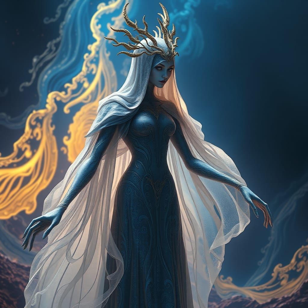 Regal Humanoid in Surreal Dystopian Landscape