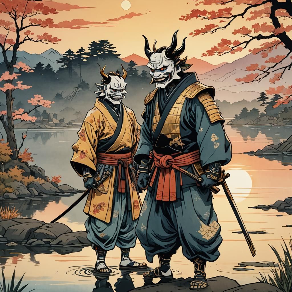 Hannya and Samurai Lake Scene in Ukiyo-e Style