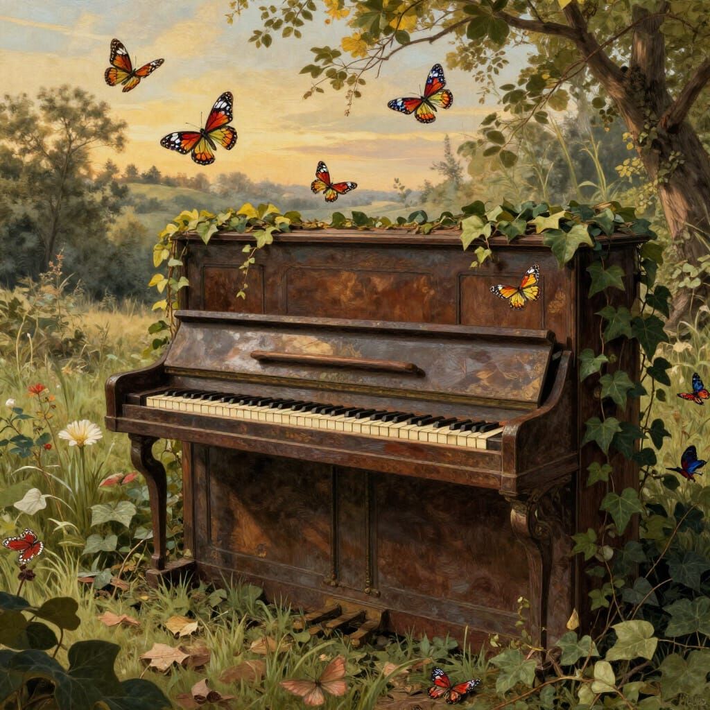 Abandoned Pianoforte in Sunlit Glade with Stained-Glass Butt...