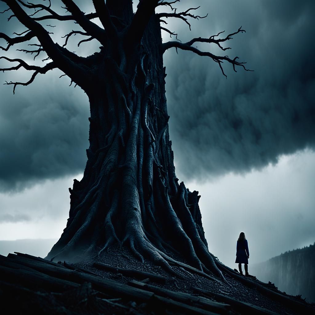 Girl Embraces Tree in Stormy, Cinematic Landscape