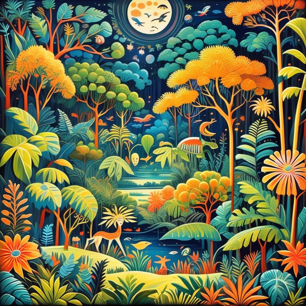 Fantastical Jungle Landscape in Naive Art Style