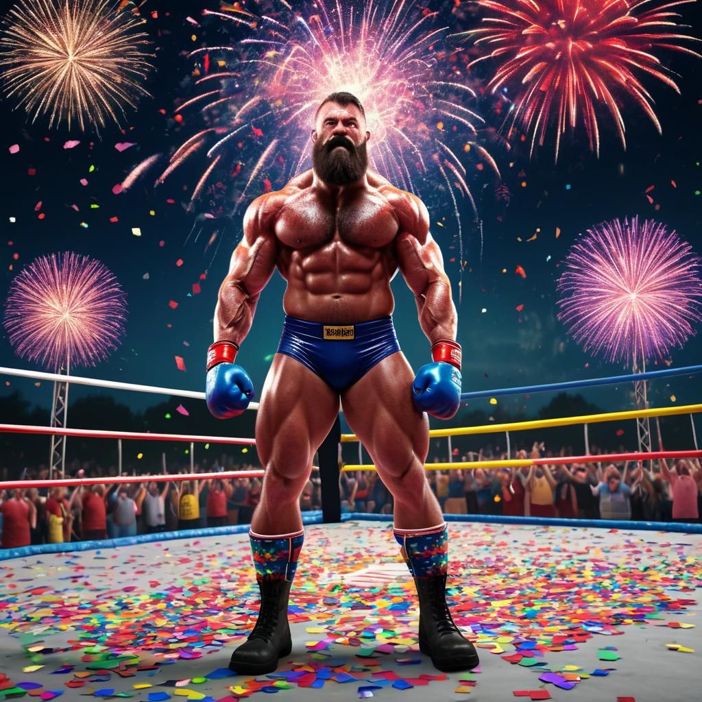 Victorious Wrestler Celebrates with Fireworks