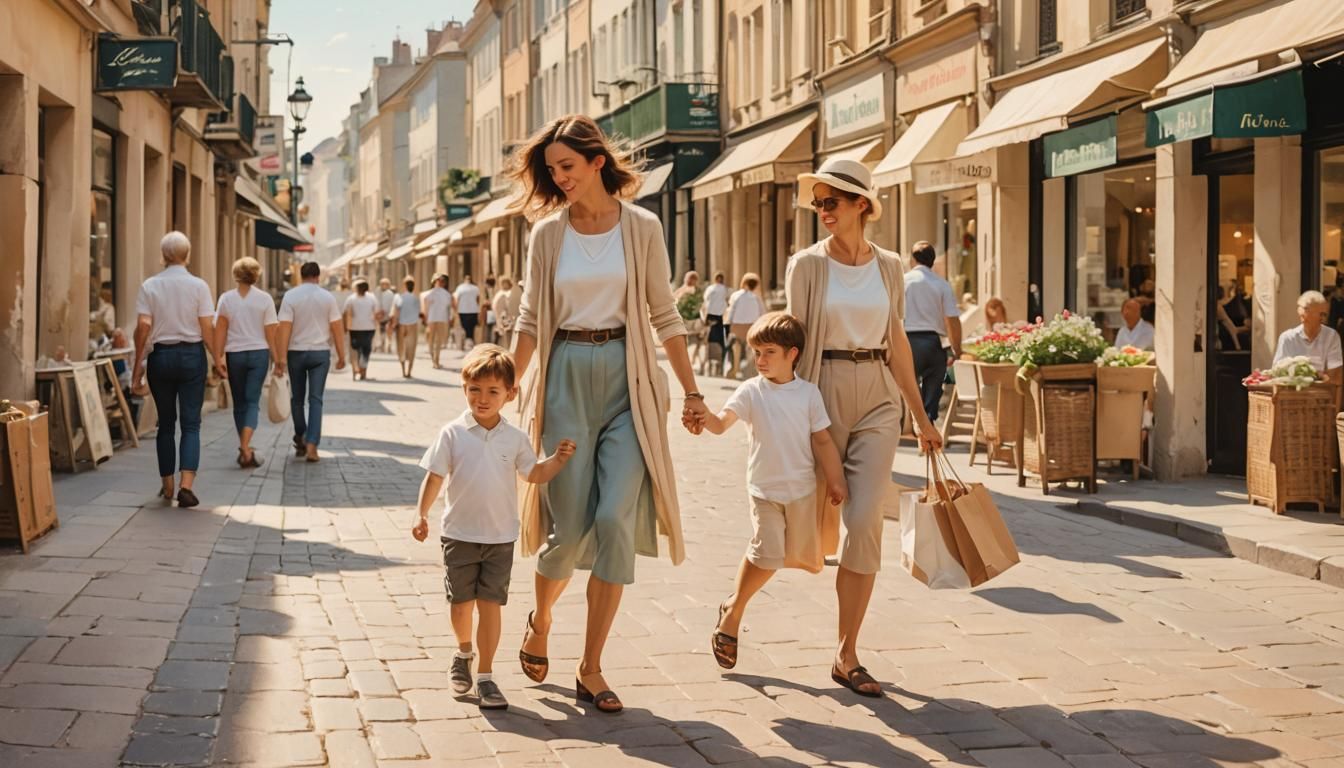 Mother and Son Walking in Warm Impressionism Style